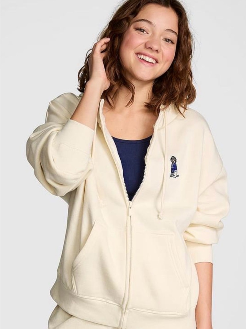 PINK Victoria's Secret Cream Zip-Up Hoodie with Embroidered Logo